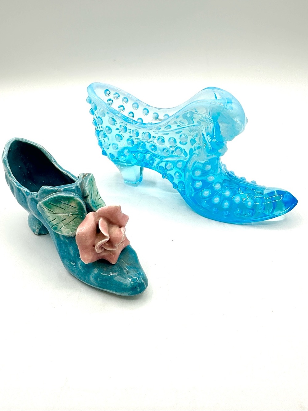 Fenton Glass Shoe and Blue Porcelain Shoe. Both Vintage